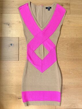 XOXO Colorblock Bandage Bodycon Mini Dress Y2K Tan Khaki Hot Pink V-Neck XS EUC